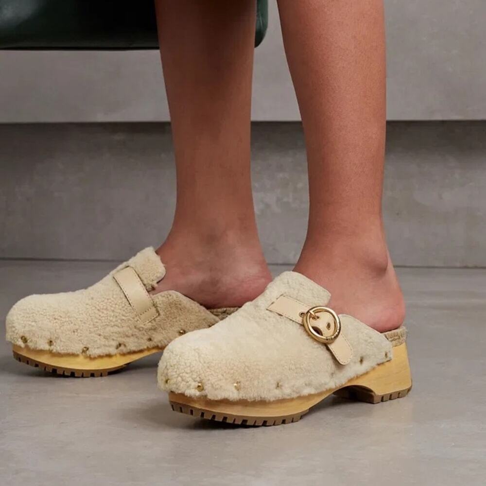 See By Chloé Cream Shearling Clog Mules with Gold Buckle Detail